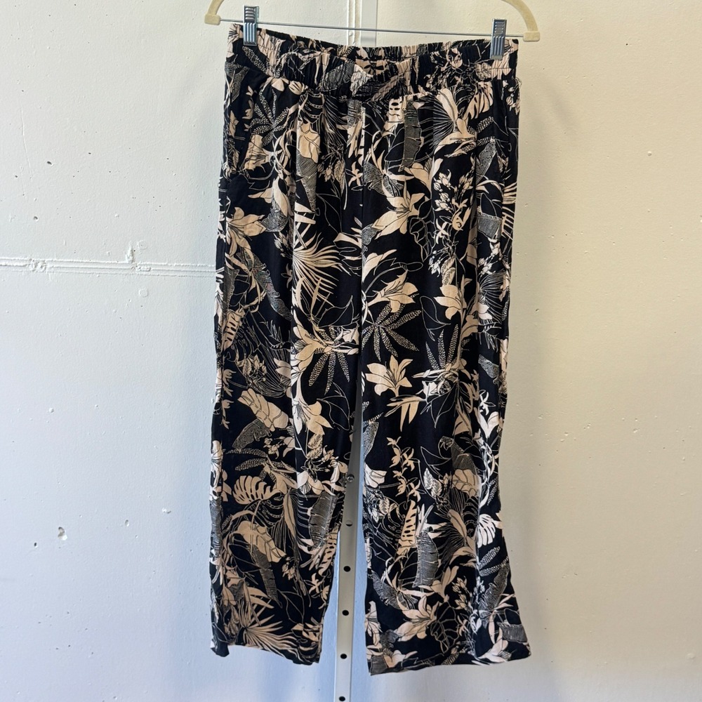 Panama Jack Women's Large Black Floral Linen Blend Wide Leg Crop Pants Boho